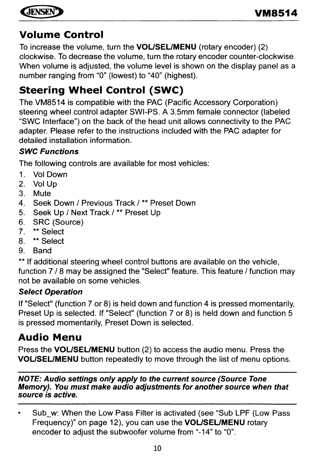 Jensen VM8514 Volume Control, Steering Wheel Control SWC, Audio Menu, SWC Functions, Select Operation 