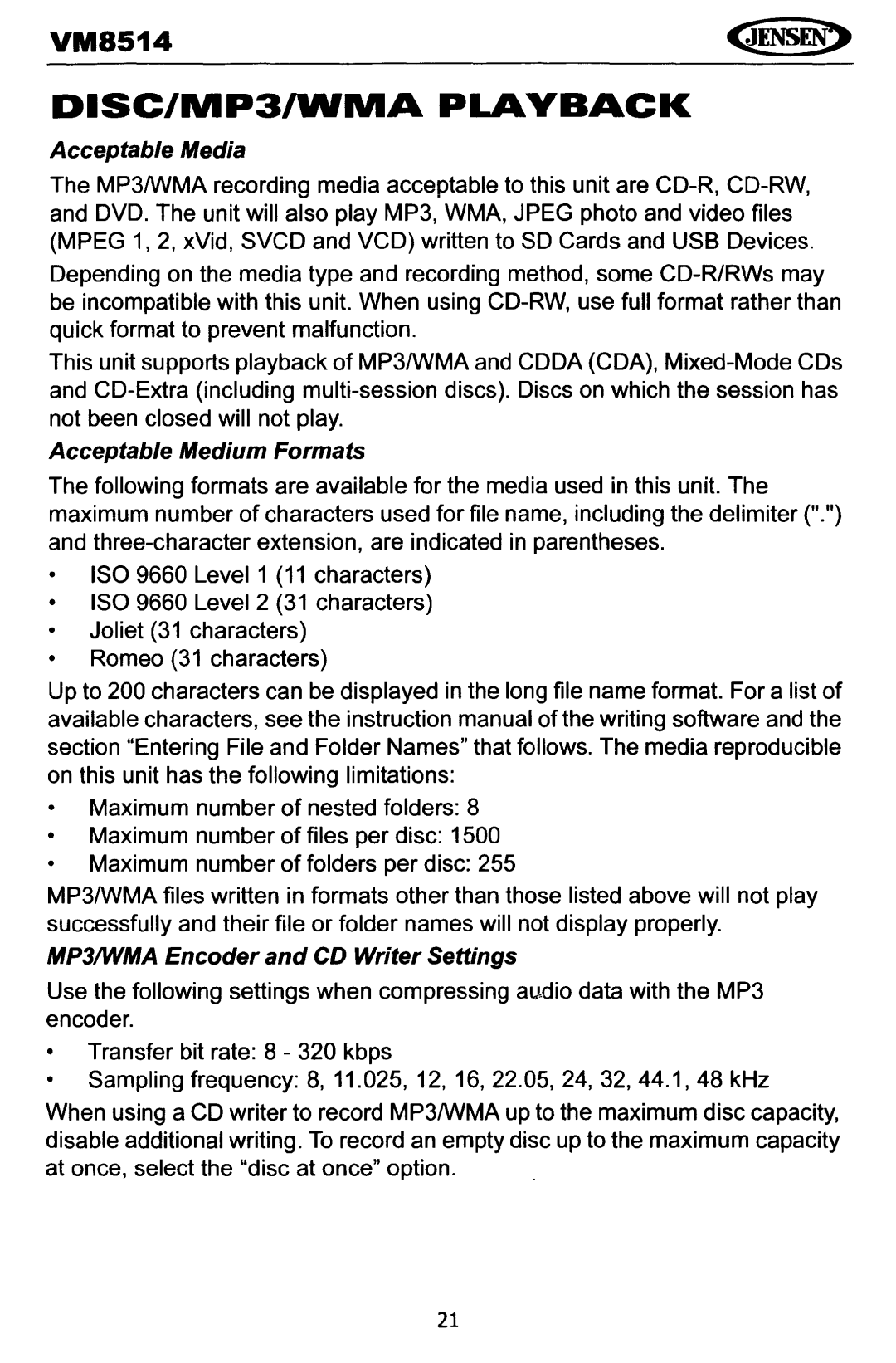 Jensen VM8514 operating instructions DISC/MP3IWMA Playback 