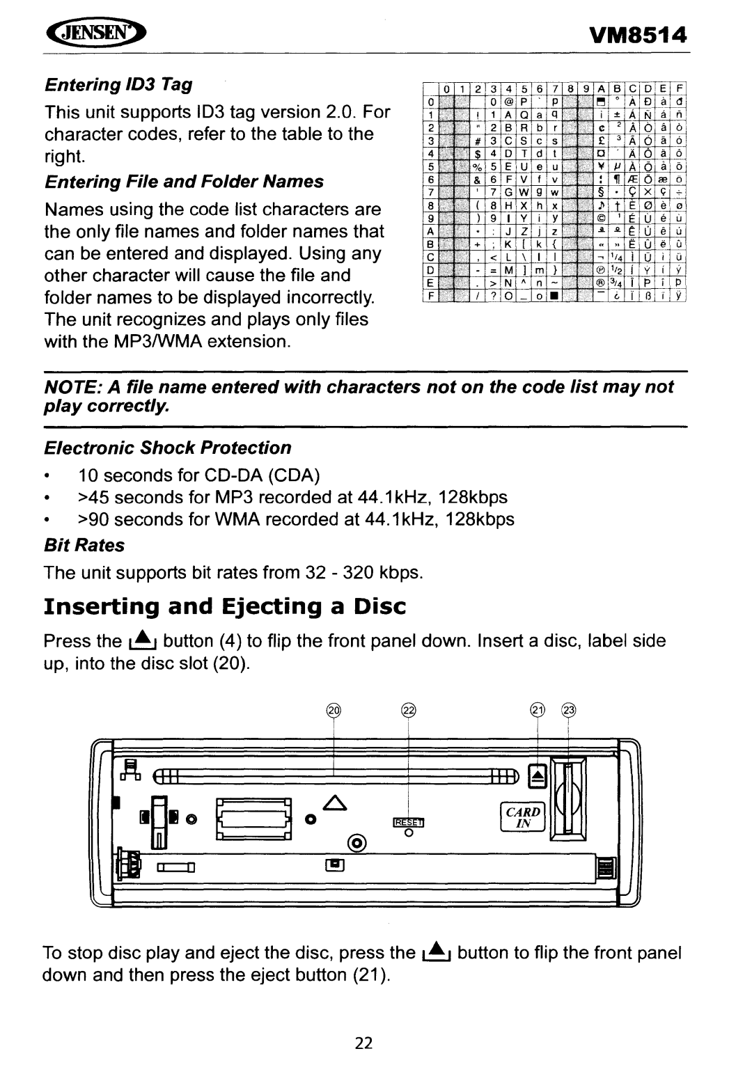 Jensen VM8514 Inserting and Ejecting a Disc, Entering ID3 Tag, Entering File and Folder Names, Electronic Shock Protection 