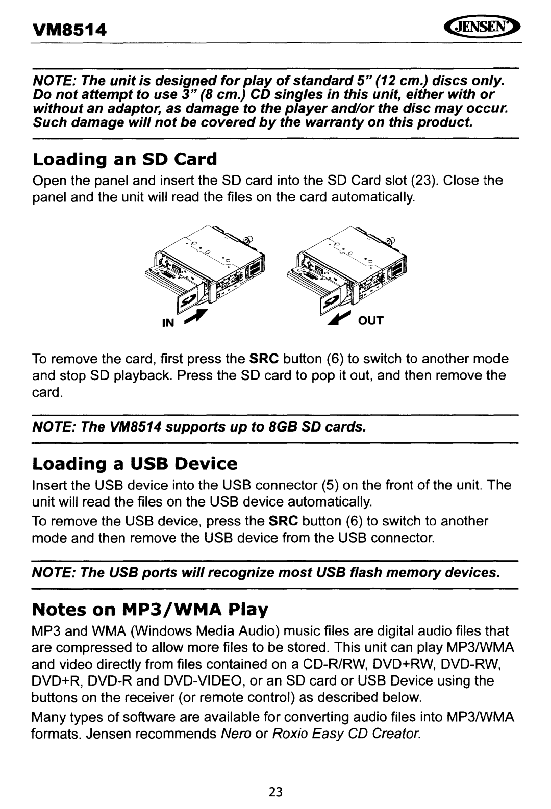 Jensen operating instructions VM8514 Loading an SD Card, Loading a USB Device 