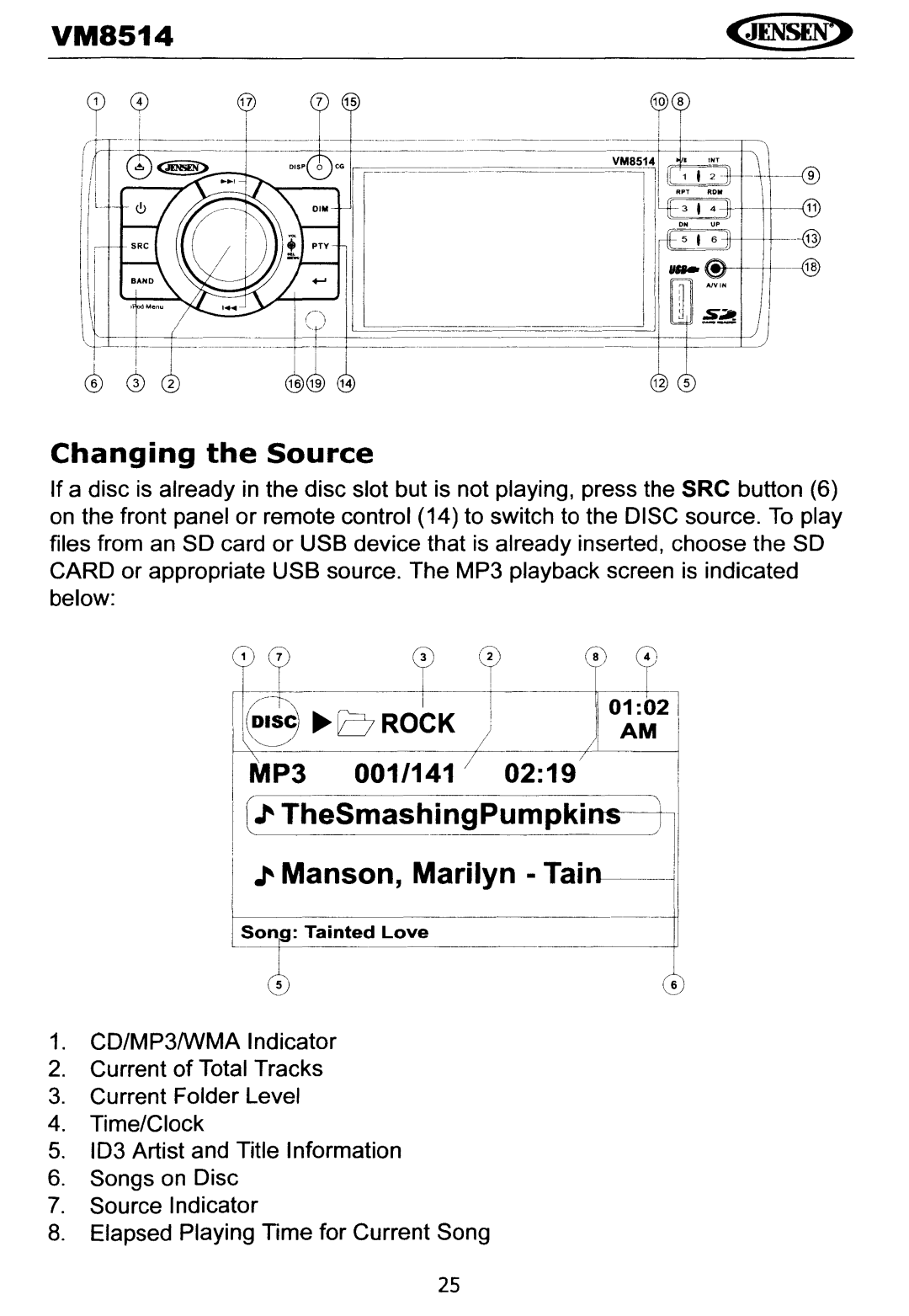 Jensen VM8514 operating instructions Changing the Source, MP3 001/141 0219 --,I 