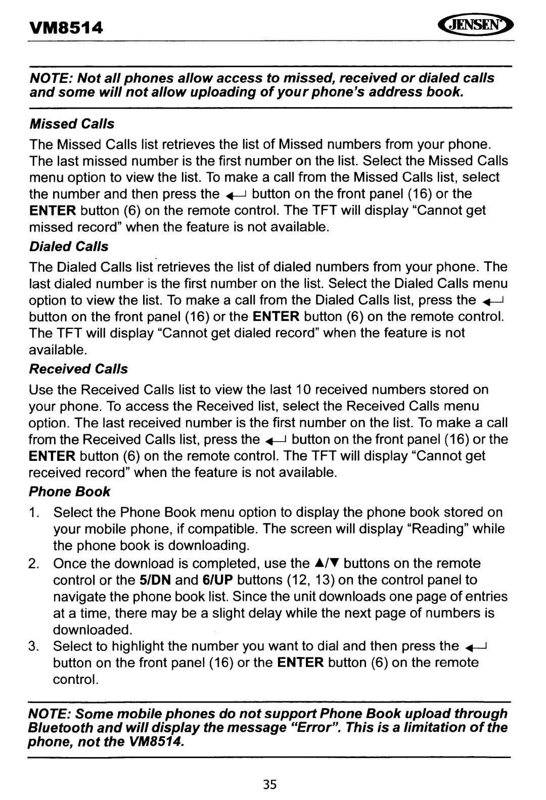 Jensen VM8514 operating instructions Missed Calls, Dialed Calls, Received Calls, Phone Book 