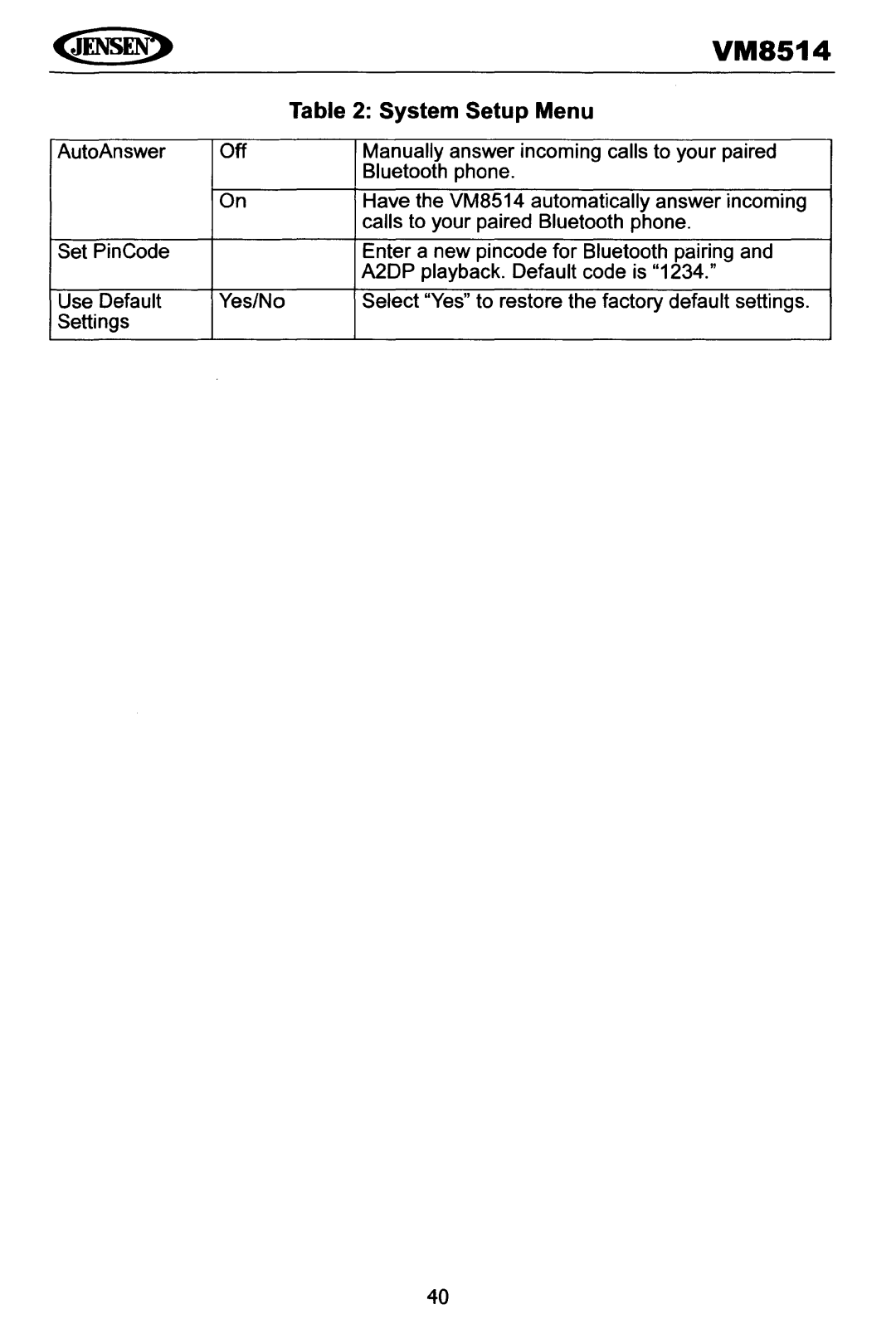 Jensen VM8514 operating instructions System Setup Menu 