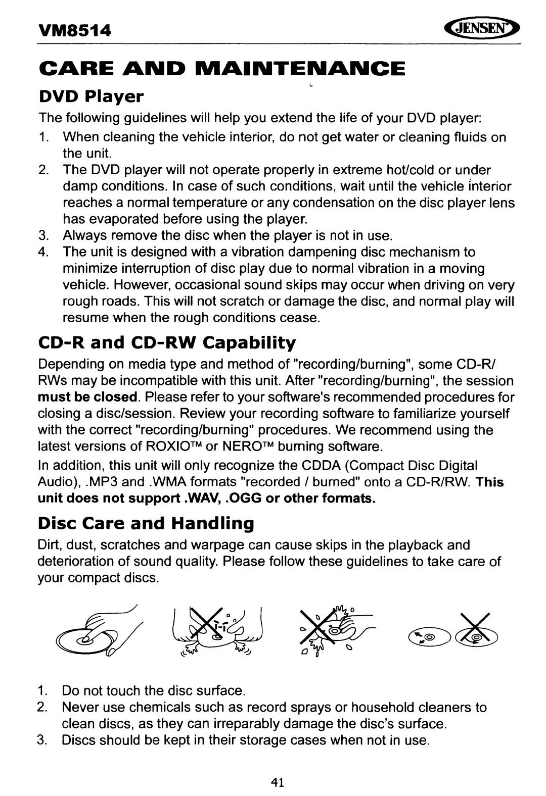 Jensen VM8514 operating instructions DVD Player, CD-R and CO-RW Capability, Disc Care and Handling 