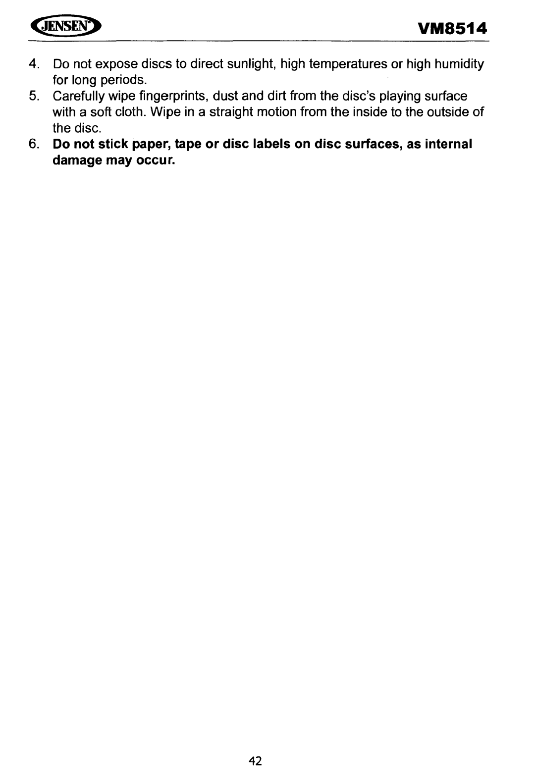 Jensen VM8514 operating instructions 