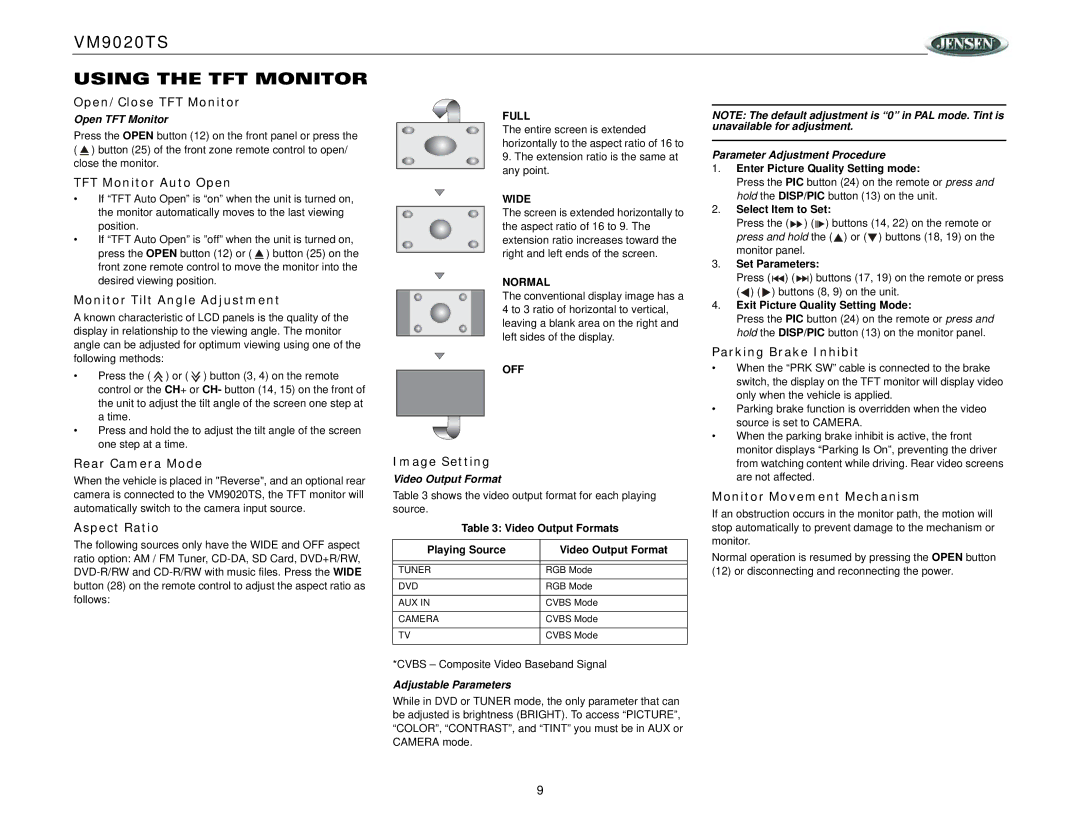 Jensen VM9020TS operation manual Using the TFT Monitor 