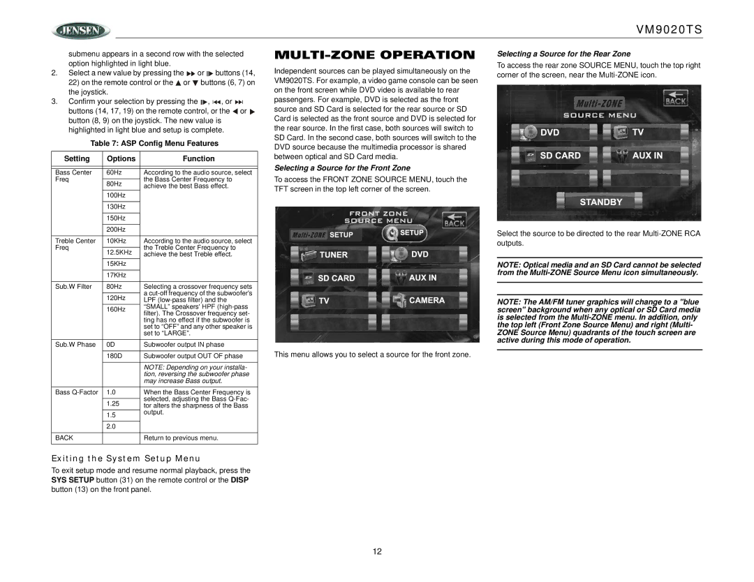 Jensen VM9020TS operation manual MULTI-ZONE Operation, Exiting the System Setup Menu, Selecting a Source for the Rear Zone 