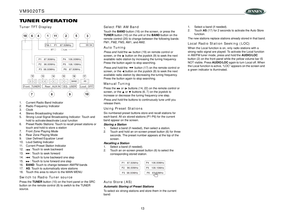 Jensen VM9020TS operation manual Tuner Operation 