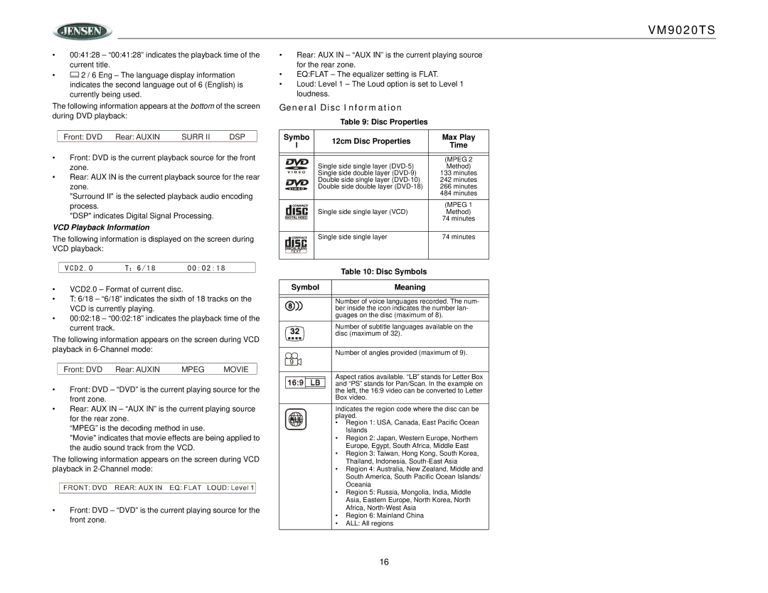 Jensen VM9020TS General Disc Information, VCD Playback Information, Disc Properties Symbo 12cm Disc Properties Max Play 