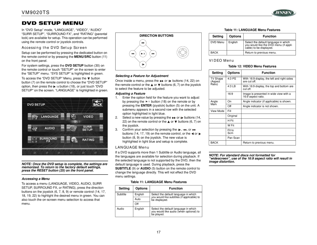 Jensen VM9020TS DVD Setup Menu, Accessing the DVD Setup Screen, Language Menu, Video Menu, Accessing a Menu 