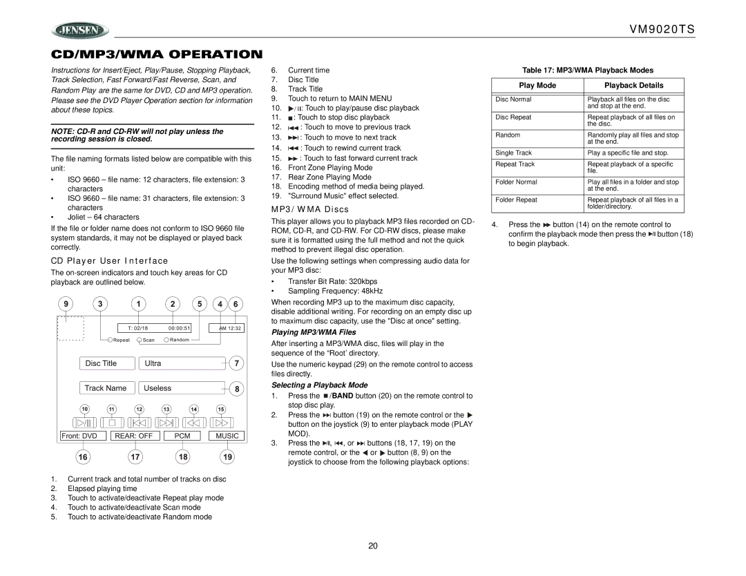 Jensen VM9020TS operation manual CD/MP3/WMA Operation, CD Player User Interface, MP3/WMA Discs, Playing MP3/WMA Files 