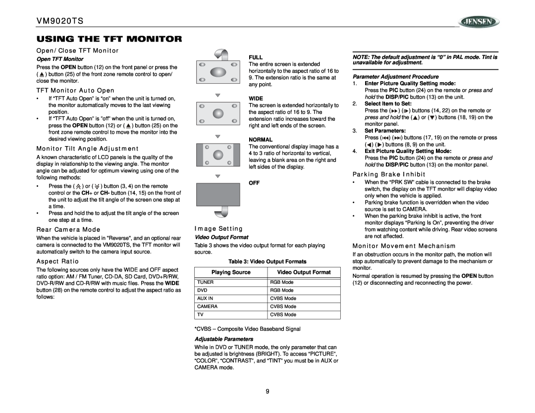 Jensen VM9020TS USING THE TFT MONITOR, Open/Close TFT Monitor, TFT Monitor Auto Open, Monitor Tilt Angle Adjustment 