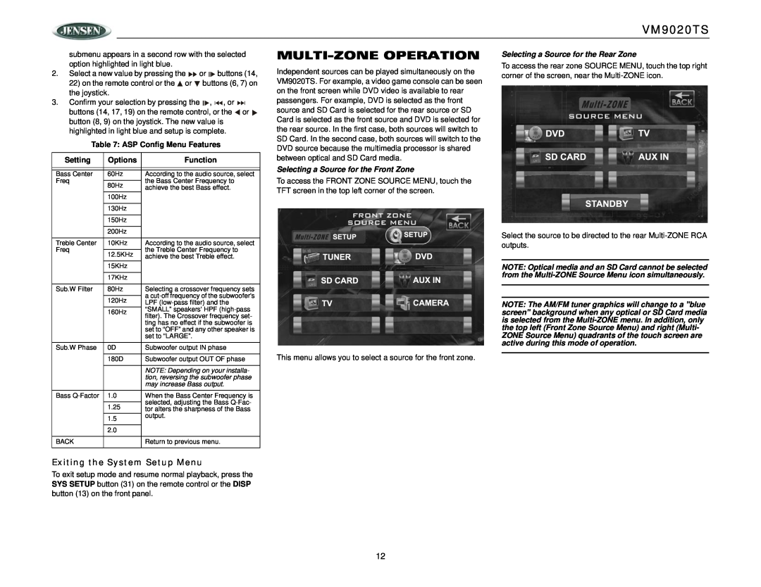 Jensen VM9020TS operation manual Multi-Zoneoperation, Exiting the System Setup Menu, Selecting a Source for the Rear Zone 