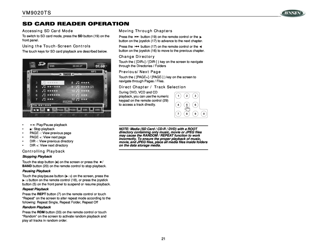 Jensen VM9020TS Sd Card Reader Operation, Accessing SD Card Mode, Change Directory, Previous/Next Page, Stopping Playback 