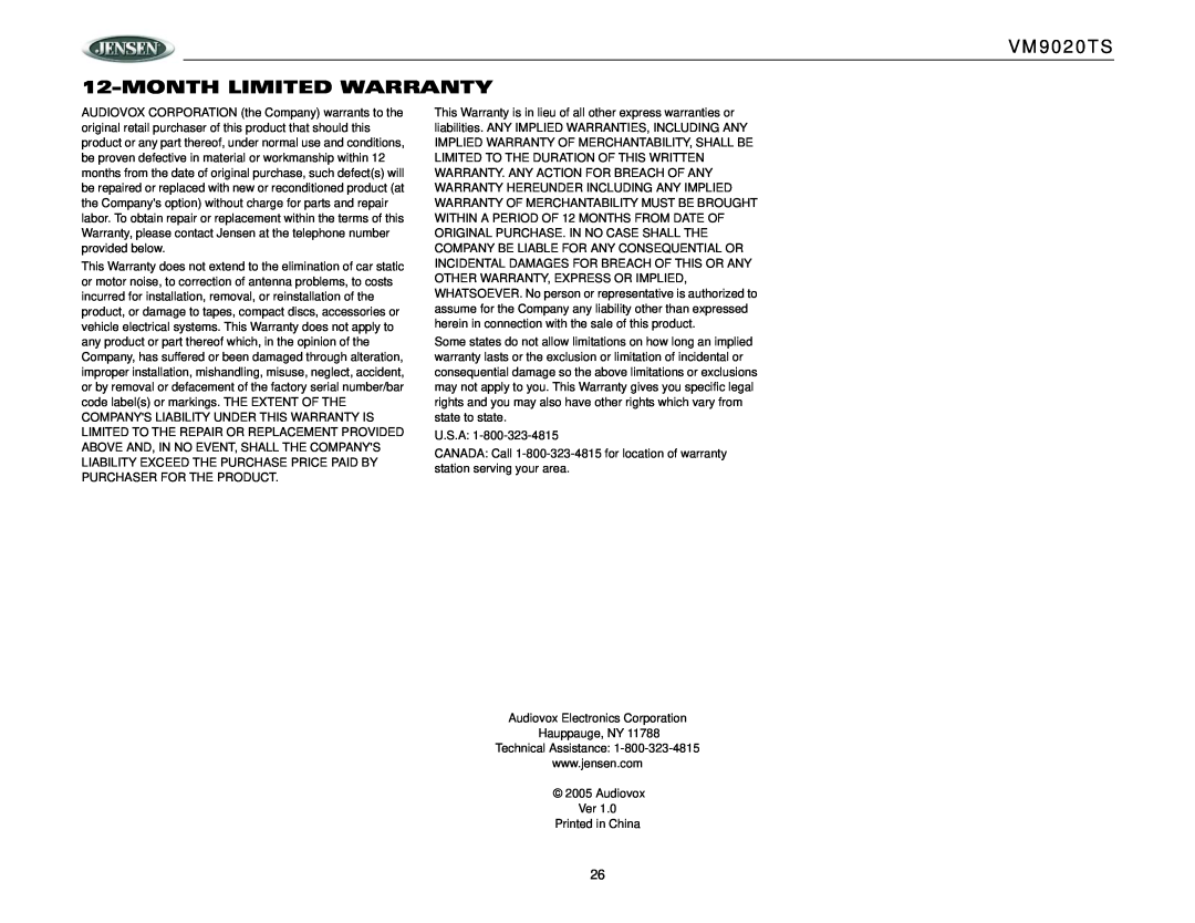 Jensen operation manual VM9020TS 12-MONTHLIMITED WARRANTY 