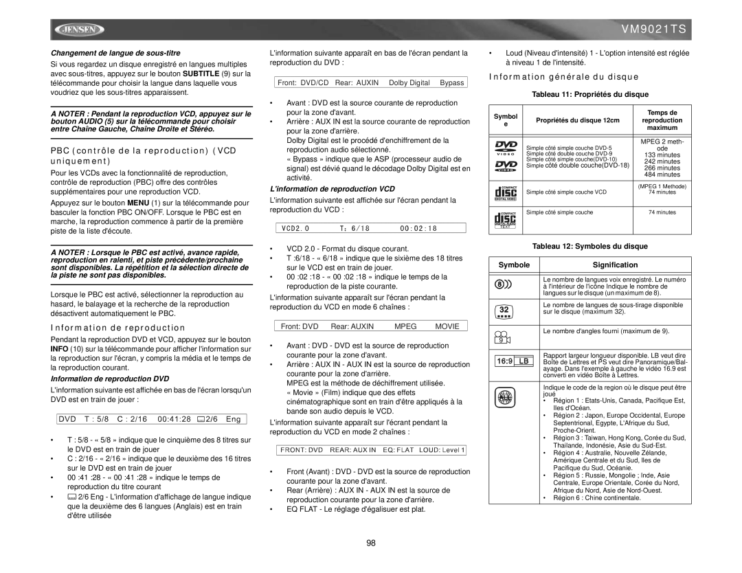 Jensen VM9021TS instruction manual PBC contrôle de la reproduction VCD uniquement, Information de reproduction 