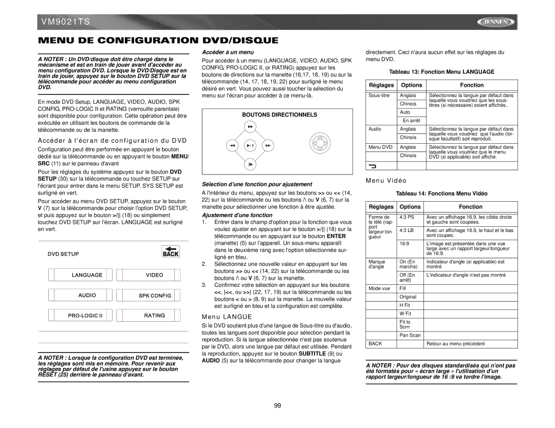 Jensen VM9021TS Menu DE Configuration DVD/DISQUE, Accéder à lécran de configuration du DVD, Menu Langue, Menu Vidéo 