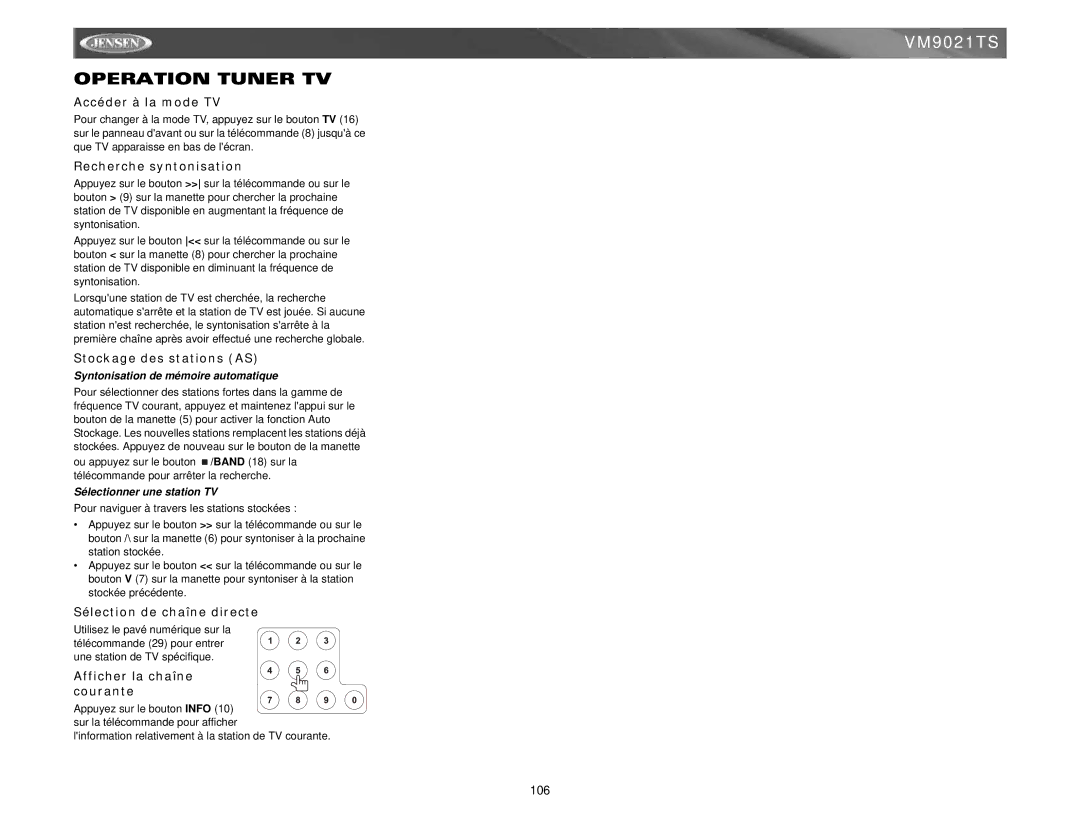 Jensen VM9021TS instruction manual Operation Tuner TV 