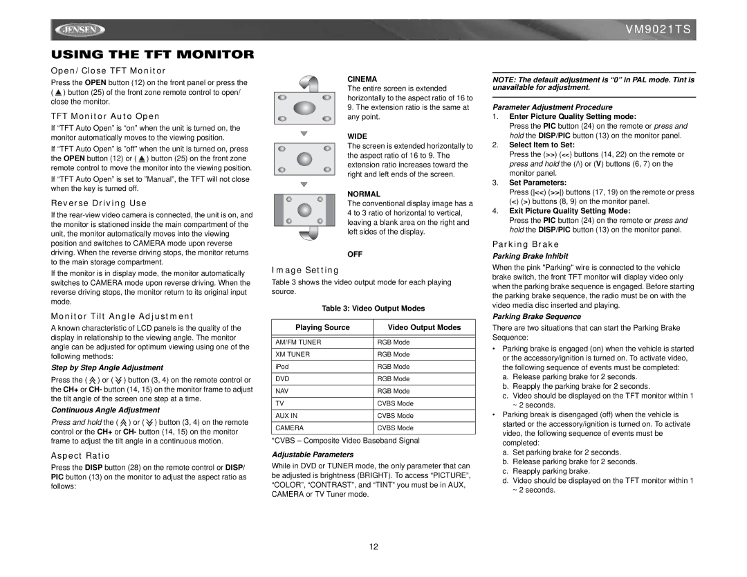 Jensen VM9021TS instruction manual Using the TFT Monitor 