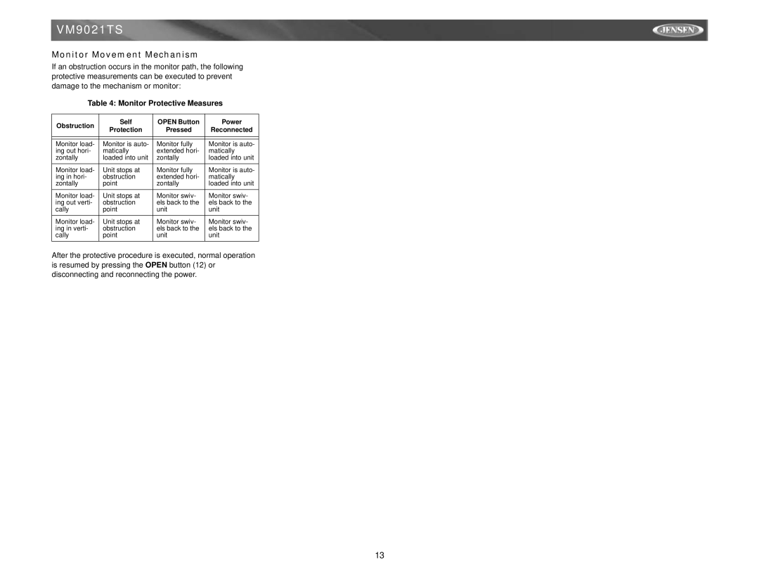 Jensen VM9021TS instruction manual Monitor Movement Mechanism, Monitor Protective Measures 