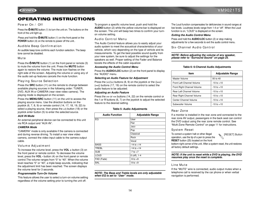 Jensen VM9021TS instruction manual Operating Instructions 