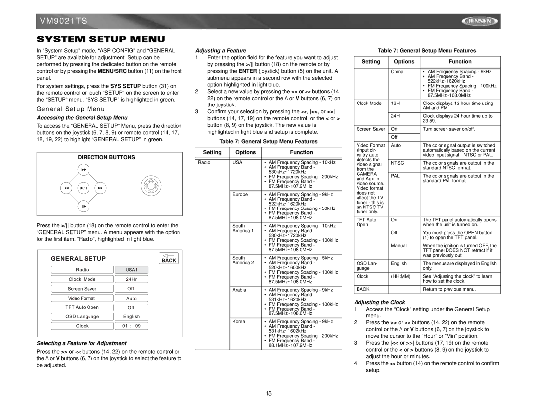 Jensen VM9021TS instruction manual System Setup Menu, General Setup Menu 