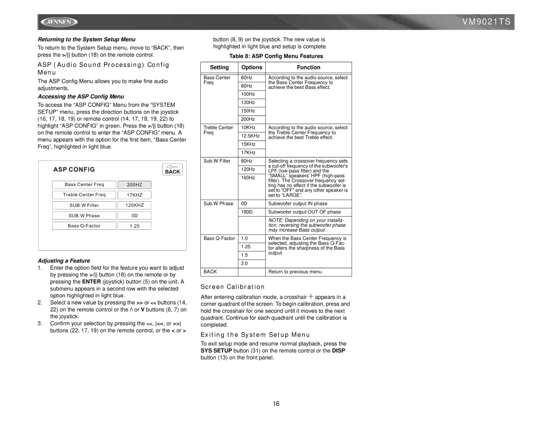 Jensen VM9021TS ASP Audio Sound Processing Config Menu, Screen Calibration, Exiting the System Setup Menu 