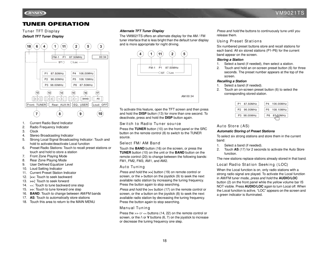 Jensen VM9021TS instruction manual Tuner Operation 