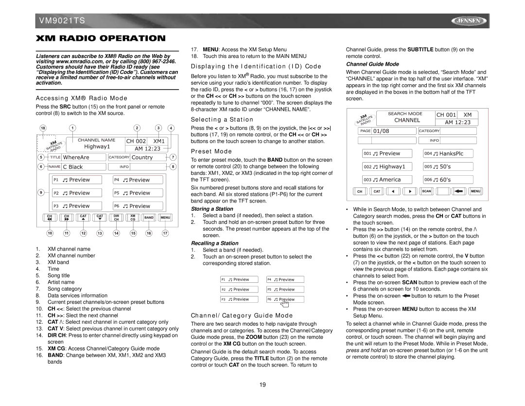 Jensen VM9021TS instruction manual XM Radio Operation 