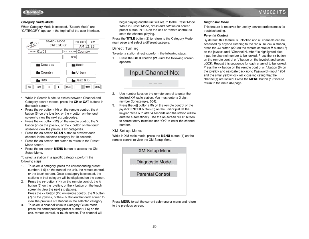 Jensen VM9021TS instruction manual Direct Tuning, XM Setup Menu, Category Guide Mode, Diagnostic Mode, Parental Control 