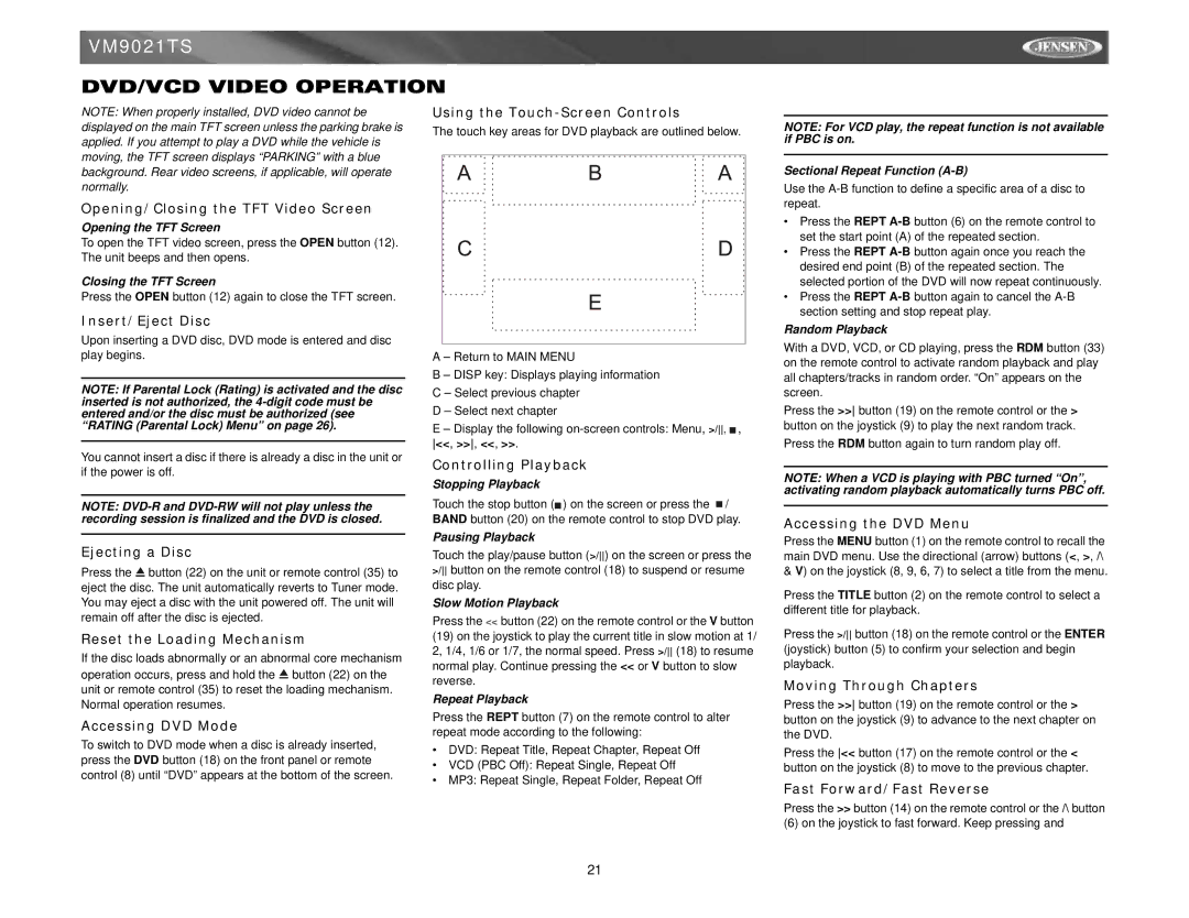 Jensen VM9021TS instruction manual DVD/VCD Video Operation 