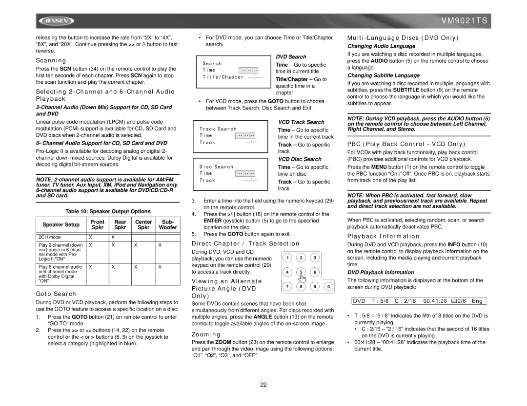 Jensen VM9021TS Scanning, Selecting 2-Channel and 6-Channel Audio Playback, Goto Search, Direct Chapter / Track Selection 