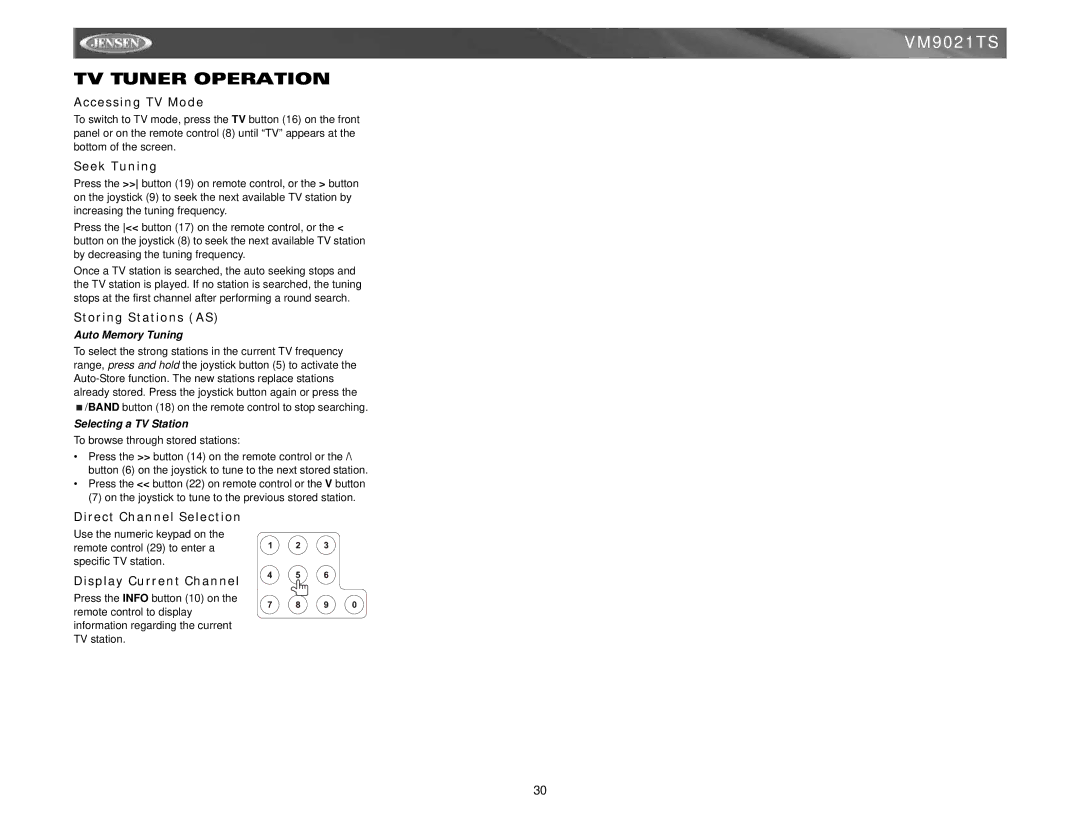 Jensen VM9021TS instruction manual TV Tuner Operation 