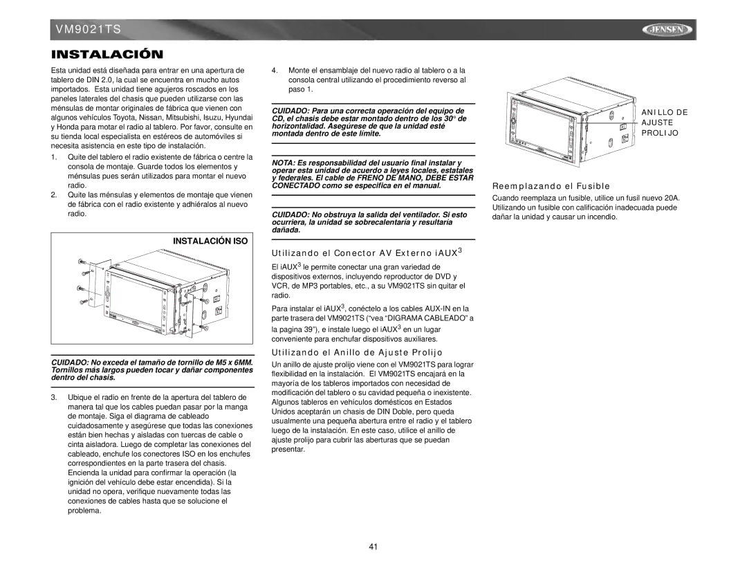 Jensen VM9021TS Instalación, Utilizando el Conector AV Externo iAUX3, Utilizando el Anillo de Ajuste Prolijo 