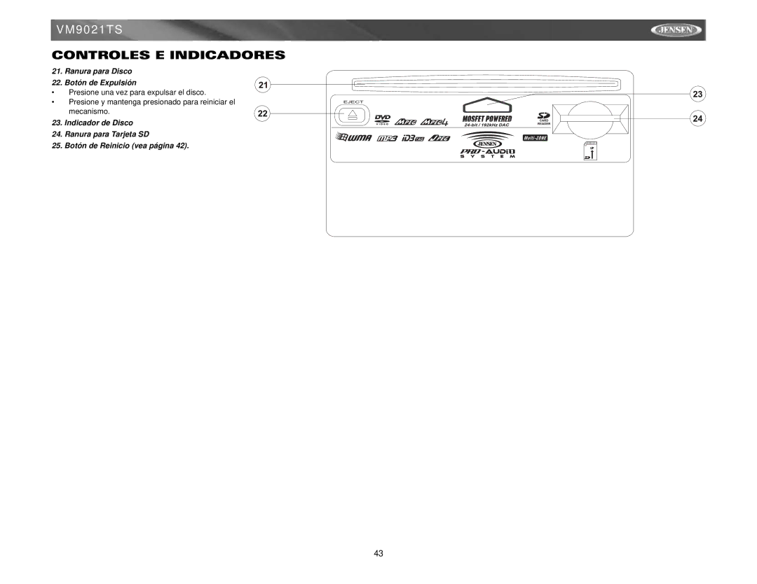 Jensen VM9021TS instruction manual Ranura para Disco Botón de Expulsión 