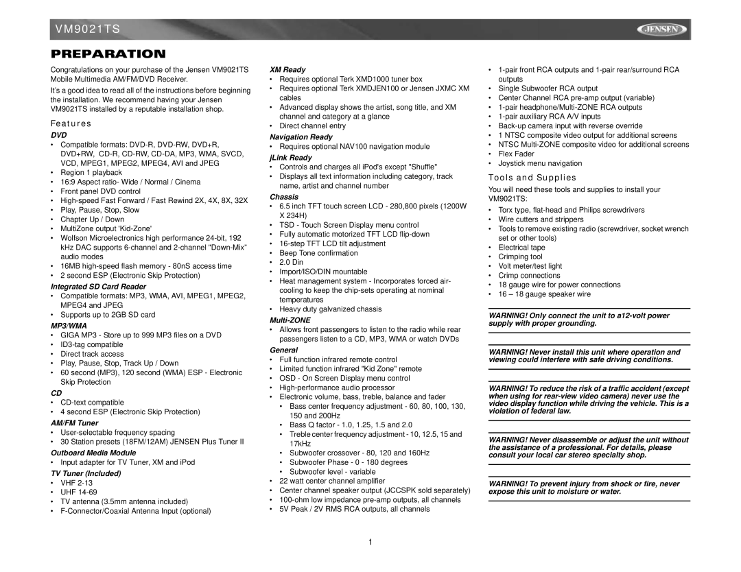 Jensen VM9021TS instruction manual Preparation, Features, Tools and Supplies 