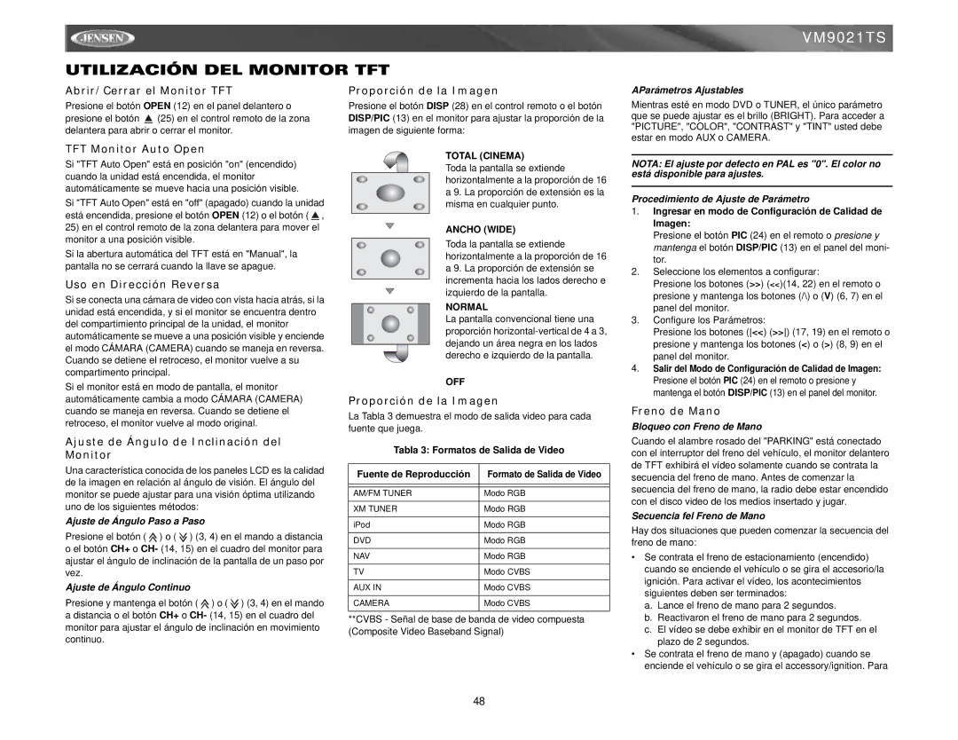 Jensen VM9021TS Utilización DEL Monitor TFT, Abrir/Cerrar el Monitor TFT Proporción de la Imagen, Uso en Dirección Reversa 