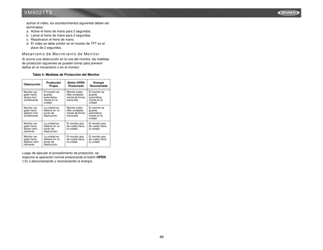 Jensen VM9021TS instruction manual Mecanismo de Movimiento de Monitor, Tabla 4 Medidas de Protección del Monitor 