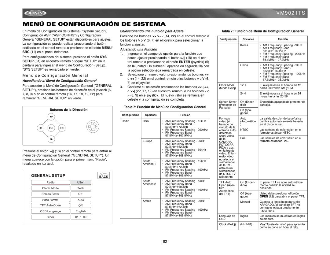 Jensen VM9021TS Menú DE Configuración DE Sistema, Menú de Configuración General, Seleccionando una Función para Ajuste 