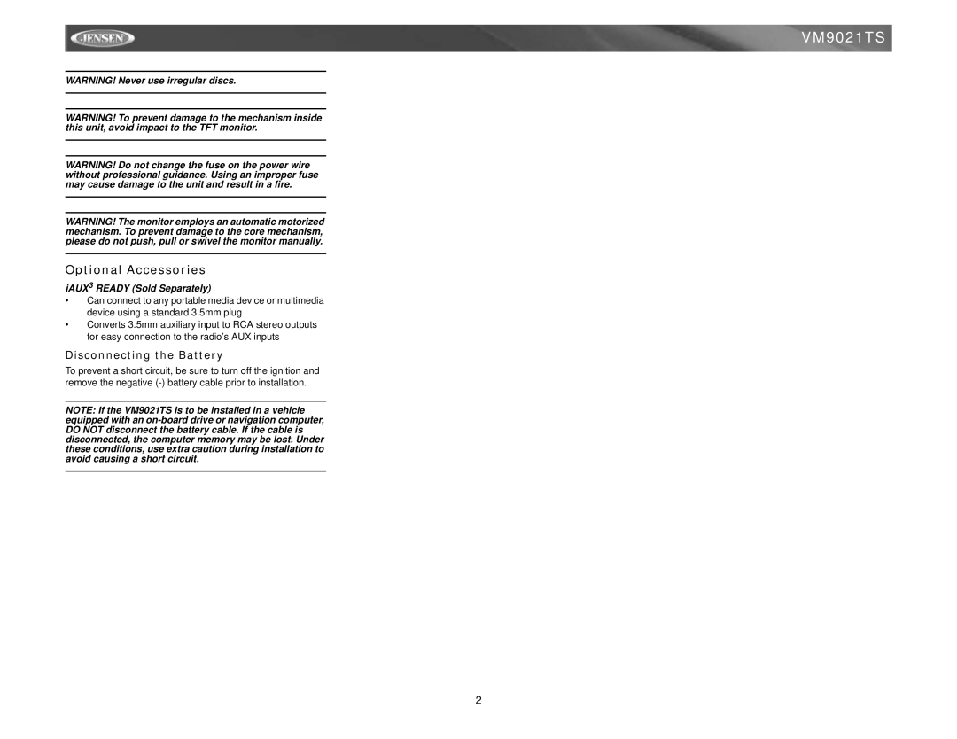 Jensen VM9021TS instruction manual Disconnecting the Battery, IAUX3 Ready Sold Separately 