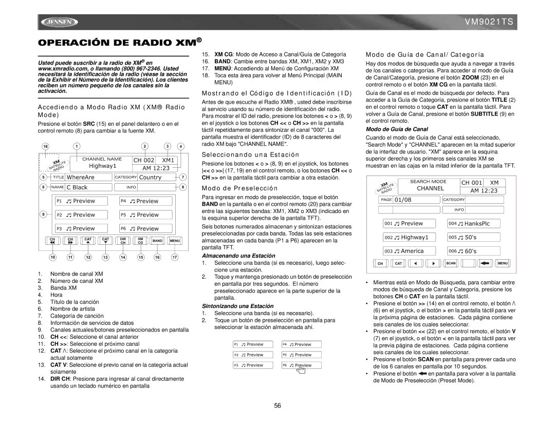 Jensen VM9021TS instruction manual Operación DE Radio XM 