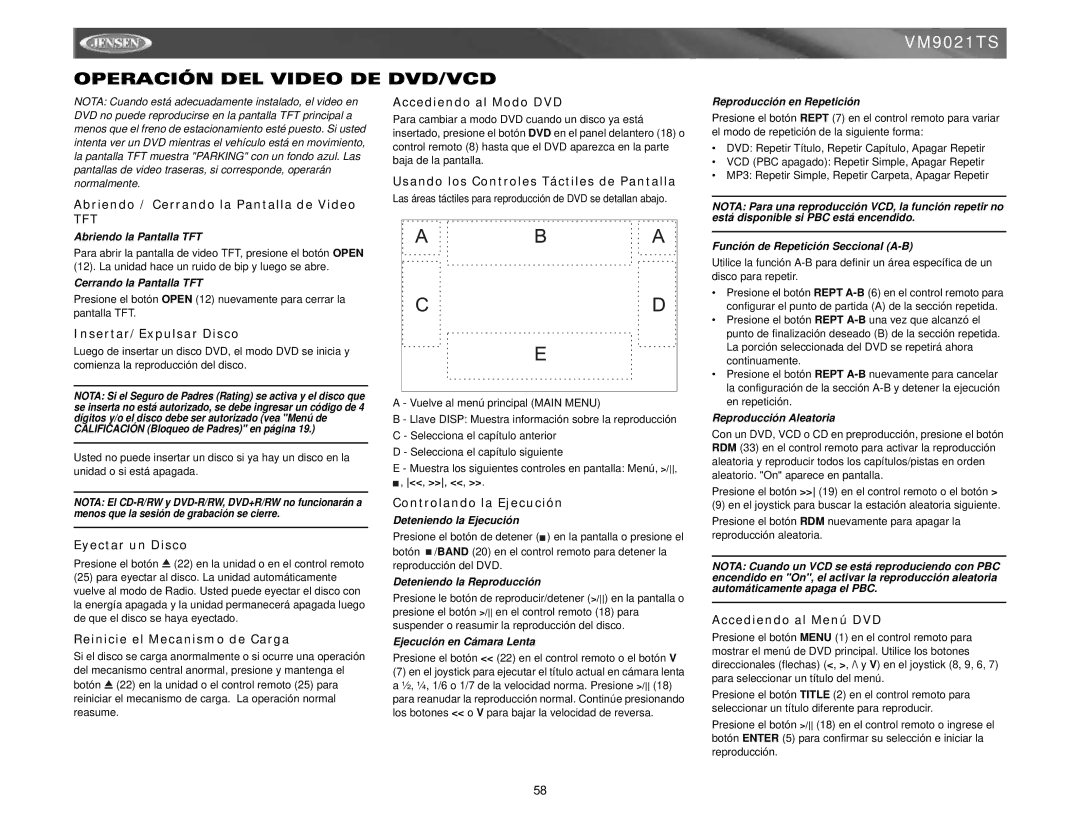 Jensen VM9021TS instruction manual Operación DEL Video DE DVD/VCD 