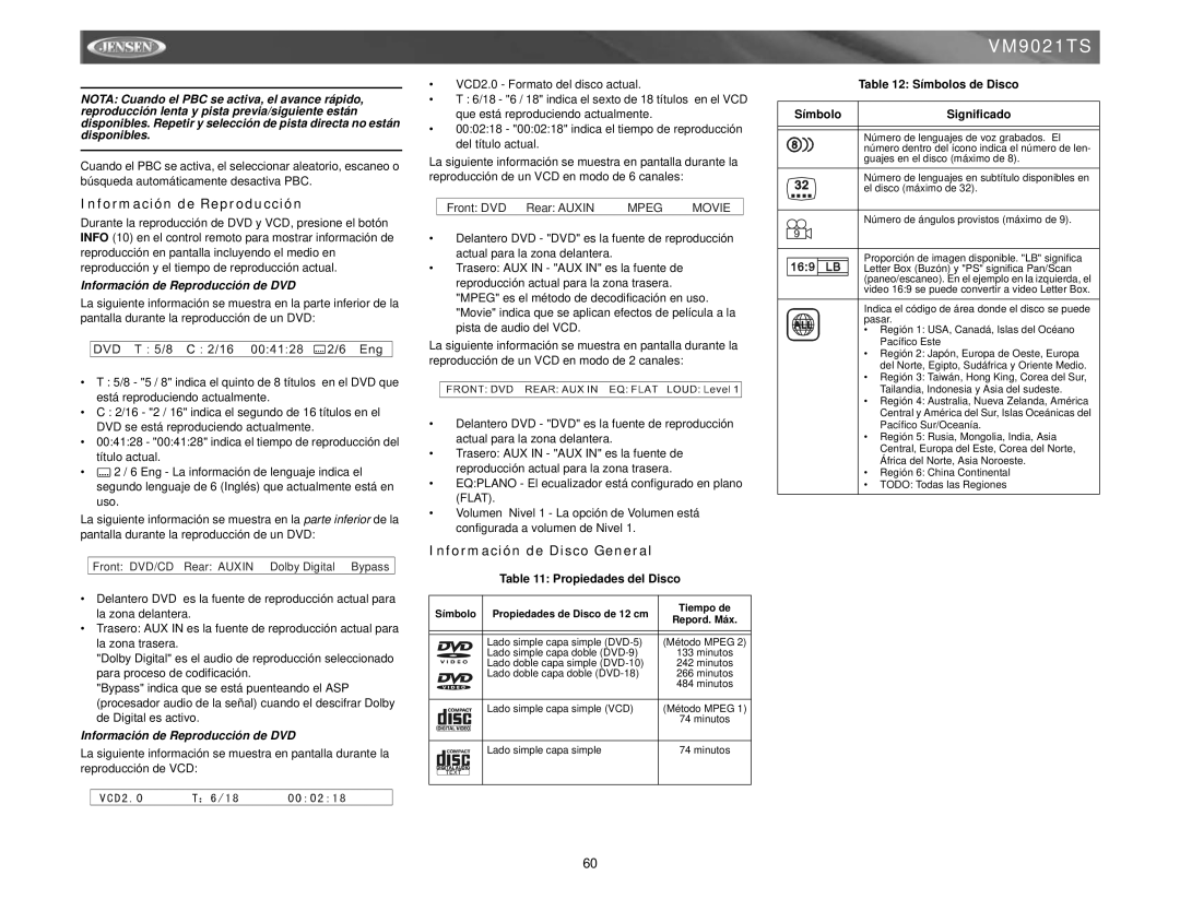 Jensen VM9021TS Información de Disco General, Información de Reproducción de DVD, Propiedades del Disco 