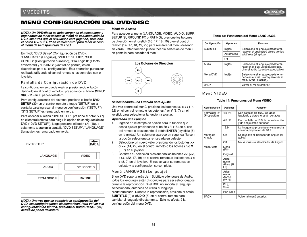 Jensen VM9021TS Menú Configuración DEL DVD/DISC, Pantalla de Configuración de DVD, Menú Language Lenguaje, Menú Video 