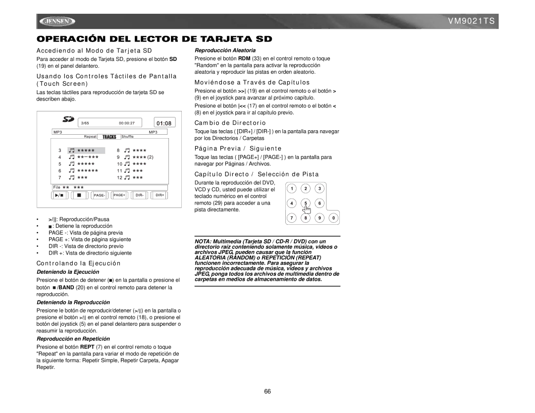 Jensen VM9021TS Operación DEL Lector DE Tarjeta SD, Accediendo al Modo de Tarjeta SD, Cambio de Directorio 