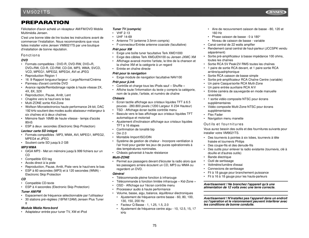 Jensen VM9021TS instruction manual Fonctions, Outils et fournitures 