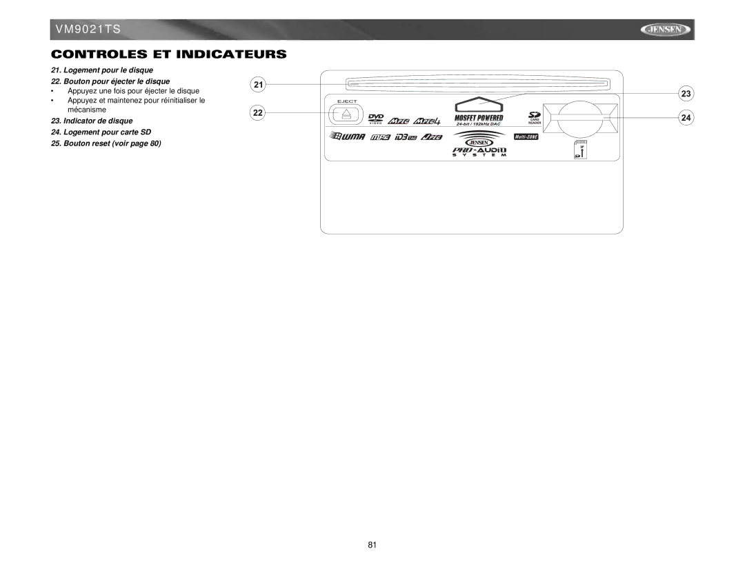 Jensen VM9021TS instruction manual Logement pour le disque Bouton pour éjecter le disque 