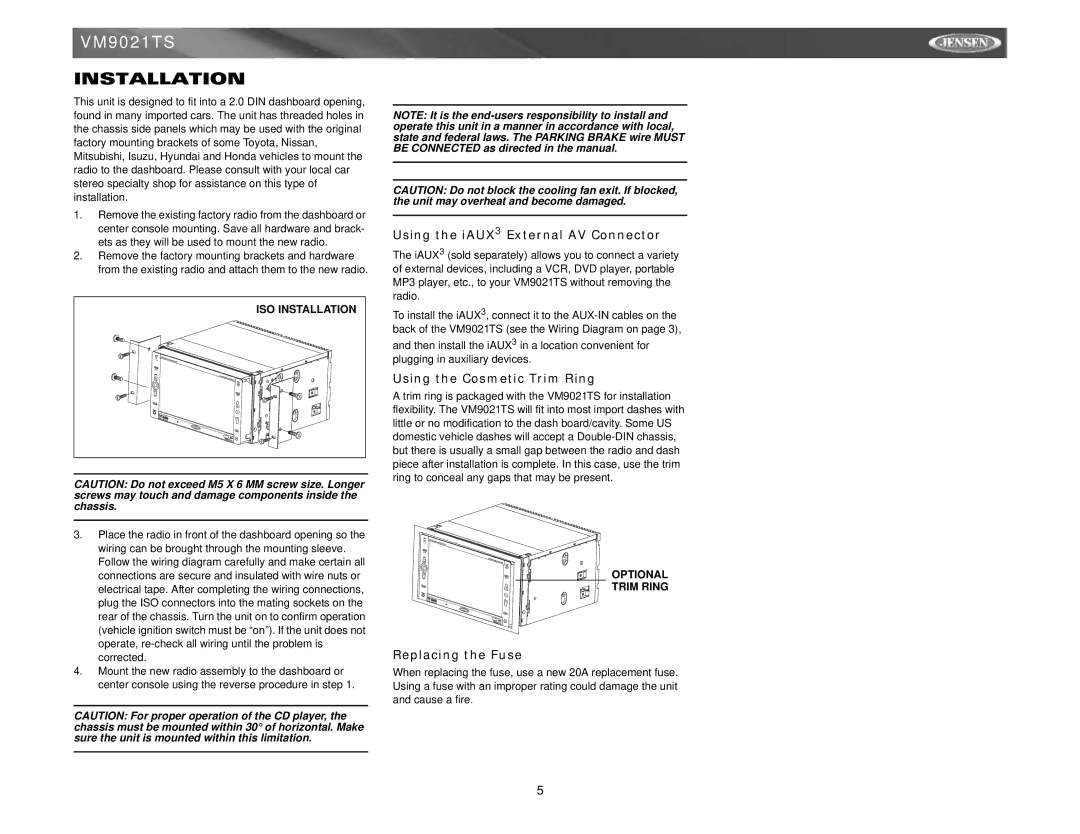 Jensen VM9021TS Installation, Using the iAUX3 External AV Connector, Using the Cosmetic Trim Ring, Replacing the Fuse 