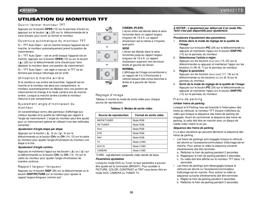 Jensen VM9021TS instruction manual Utilisation DU Moniteur TFT 