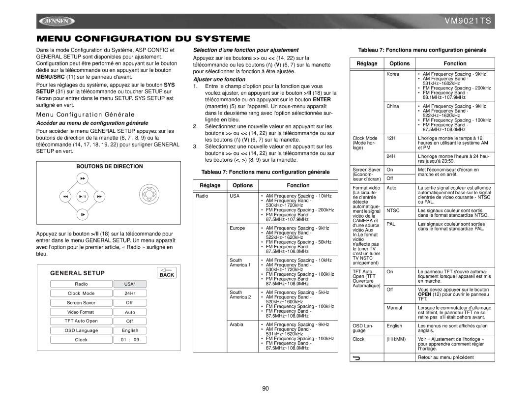 Jensen VM9021TS Menu Configuration DU Systeme, Menu Configuration Générale, Accéder au menu de configuration générale 